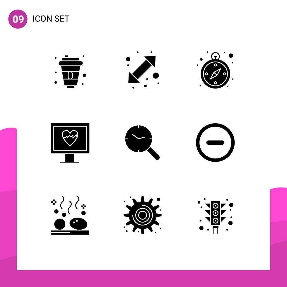 9 Thematic Vector Solid Glyphs and Editable Symbols of clock research compass search monitor Editable Vector Design Elements