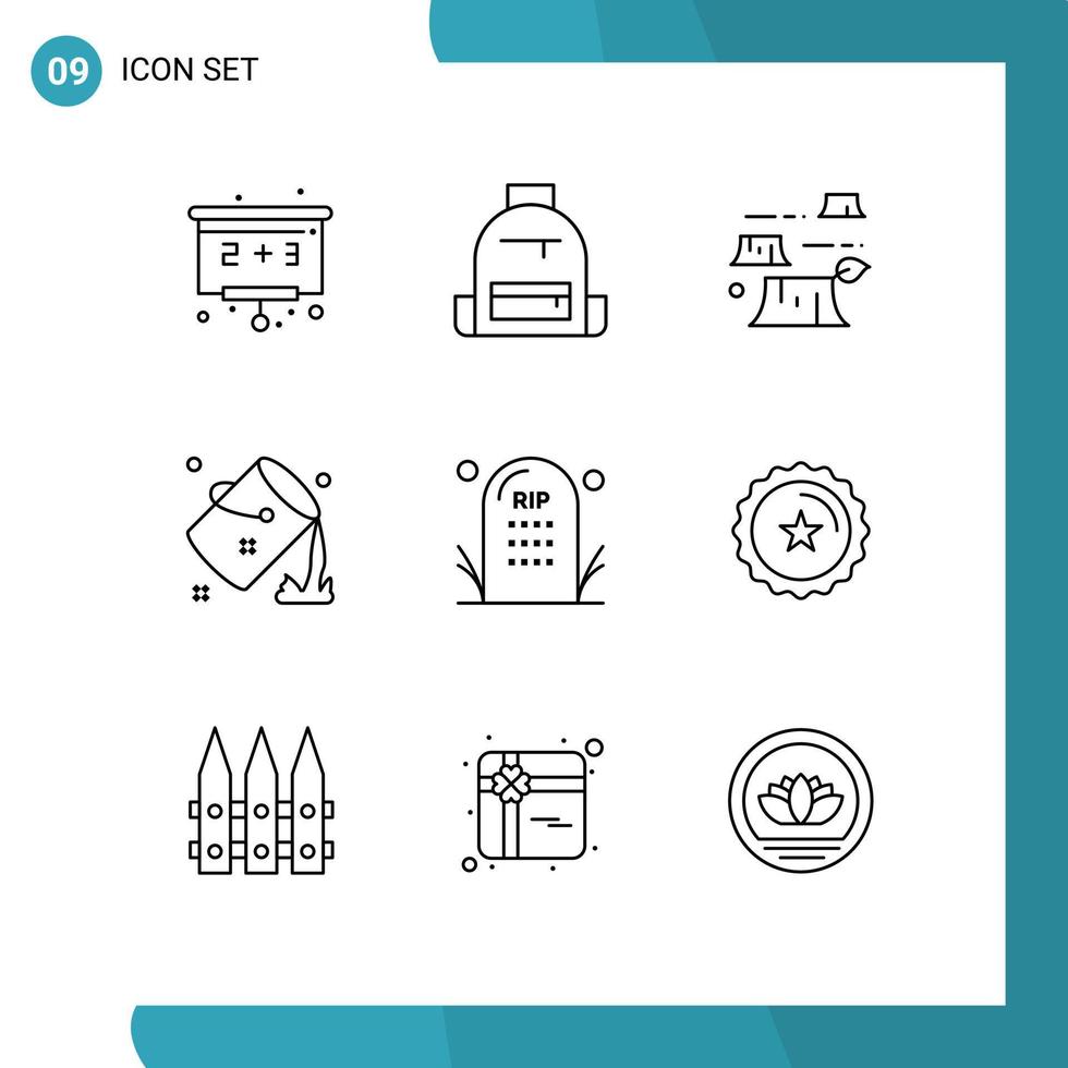 Stock Vector Icon Pack of 9 Line Signs and Symbols for cemetery fill damage colour bucket Editable Vector Design Elements