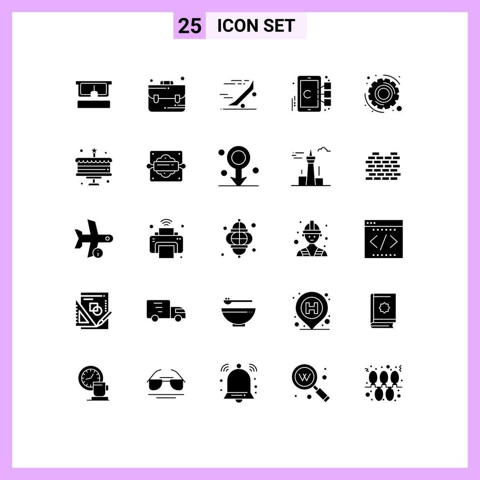 Pack of 25 creative Solid Glyphs of options target ride mobile cell Editable Vector Design Elements