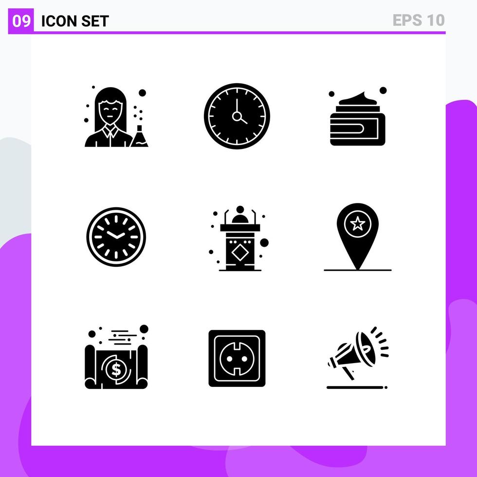 Set of 9 Modern UI Icons Symbols Signs for time dinner contact us clock medical Editable Vector Design Elements