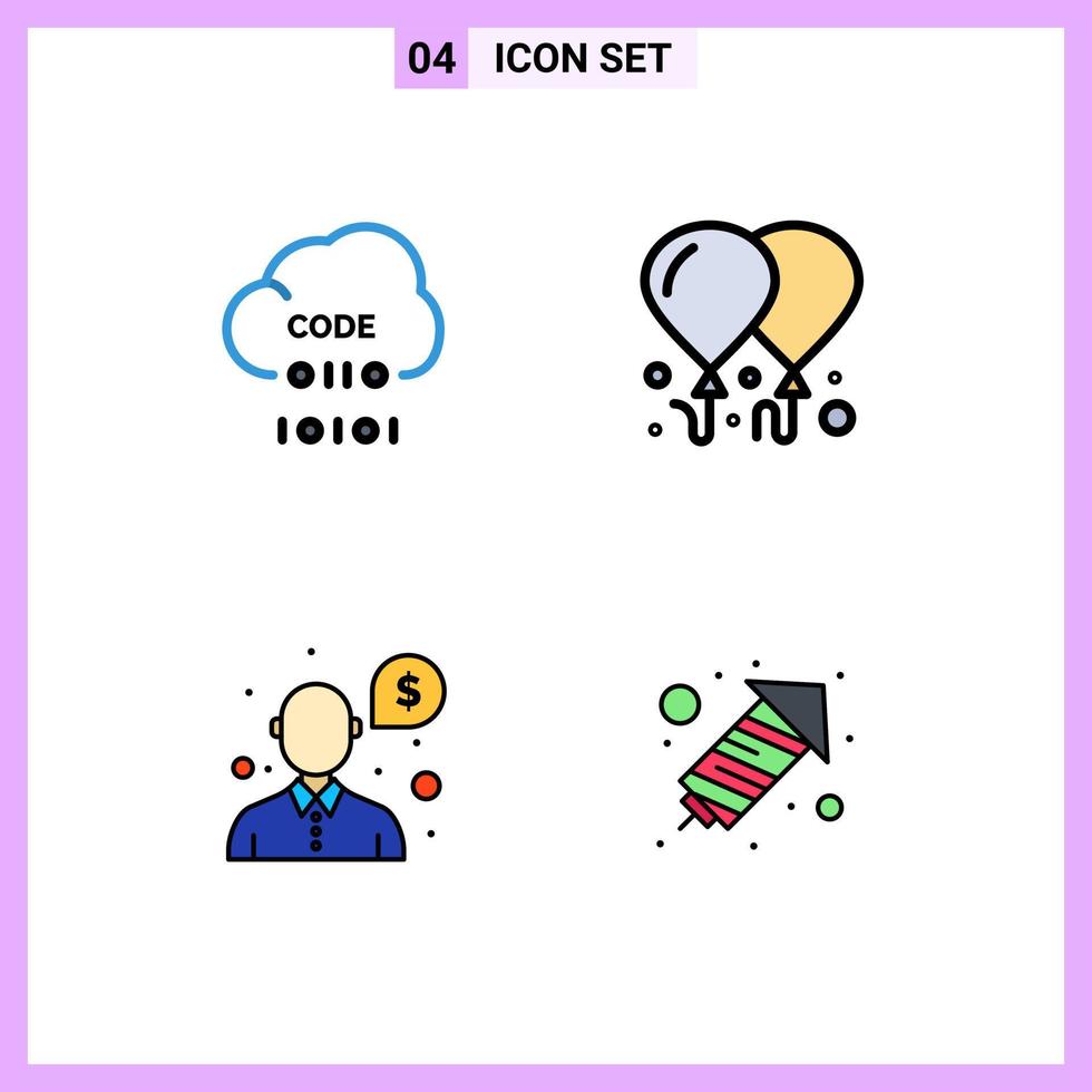 grupo de 4 signos y símbolos de colores planos de línea rellena para el desarrollo de dinero en la nube soporte para volar elementos de diseño de vectores editables