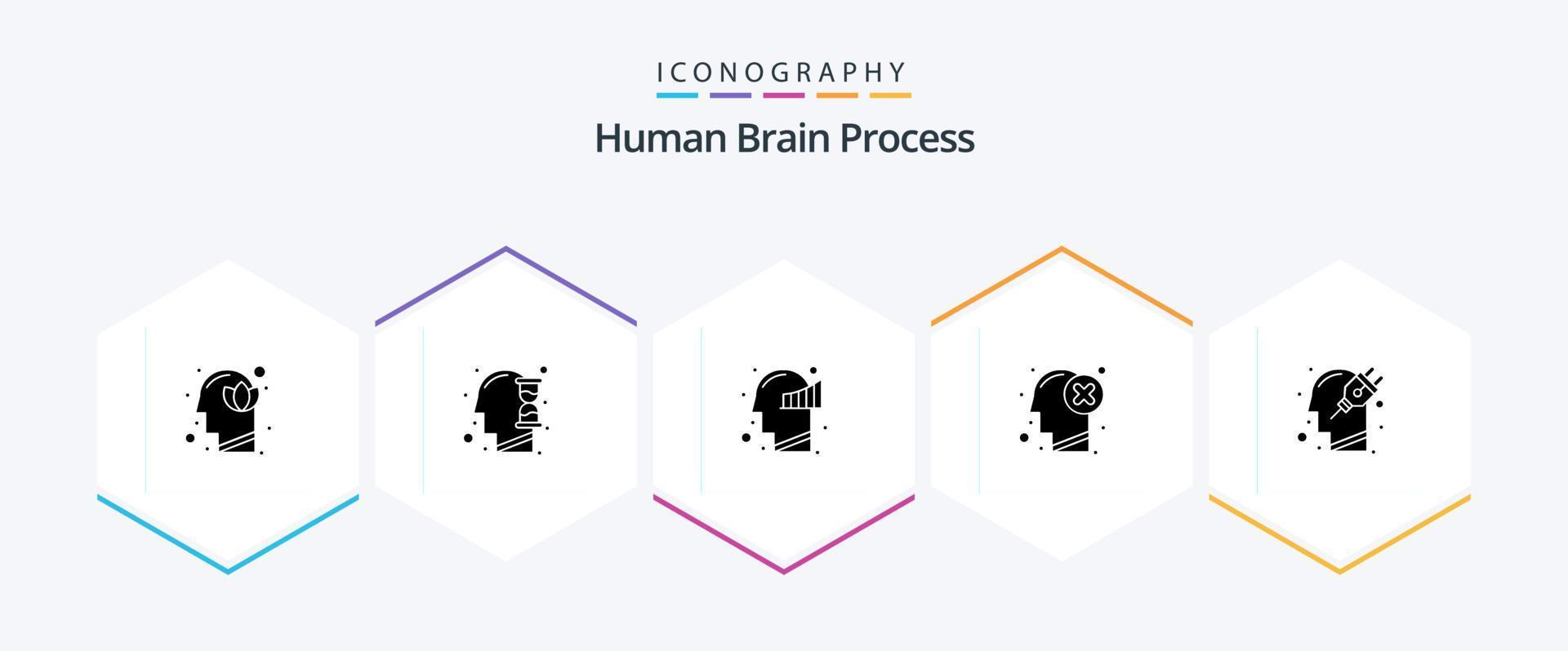 paquete de iconos de 25 glifos del proceso del cerebro humano que incluye la marca. cabeza. reloj de arena falla. Estadísticas vector