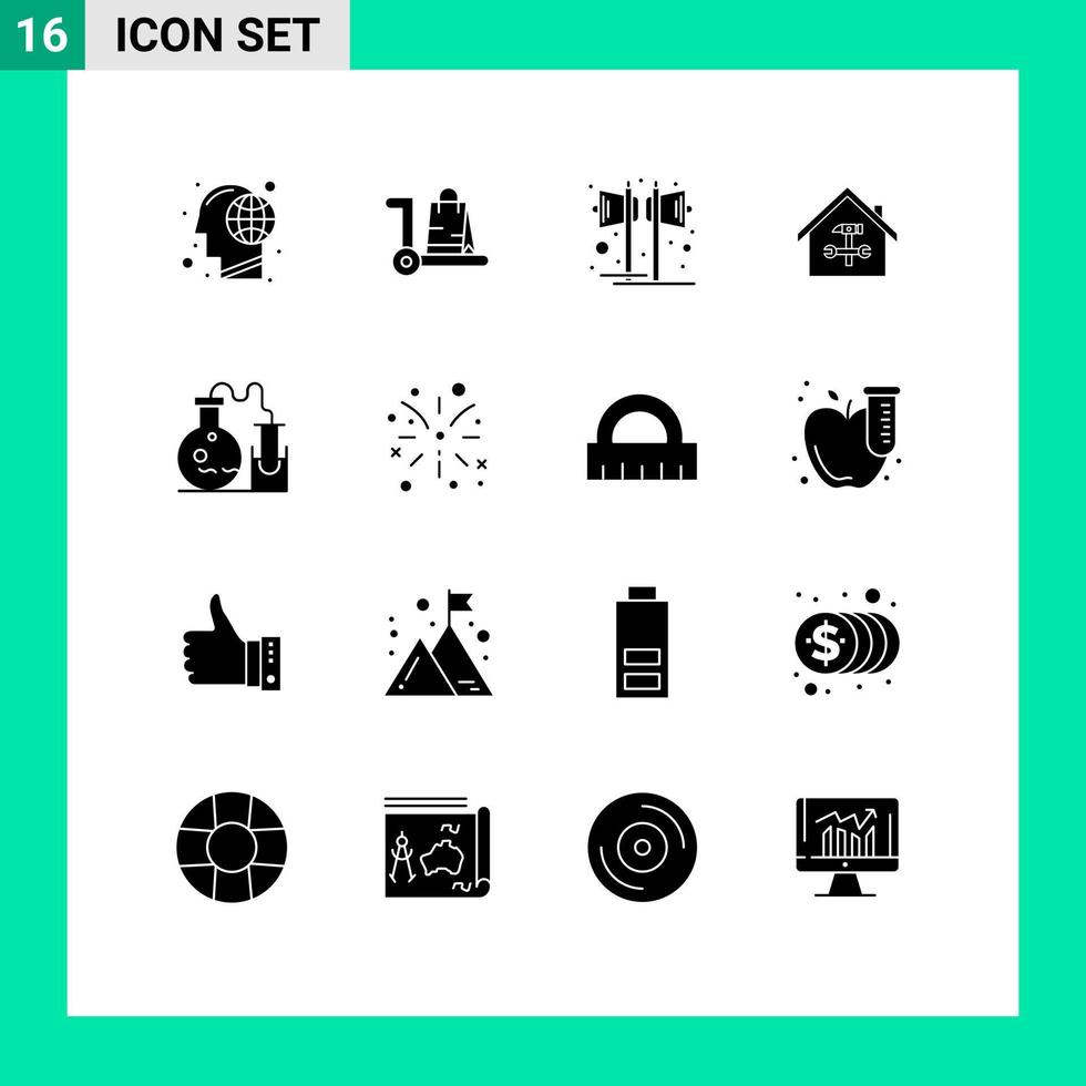 conjunto de glifos sólidos de interfaz móvil de 16 pictogramas de elementos de diseño de vectores editables de la fiesta del altavoz de la tienda de construcción