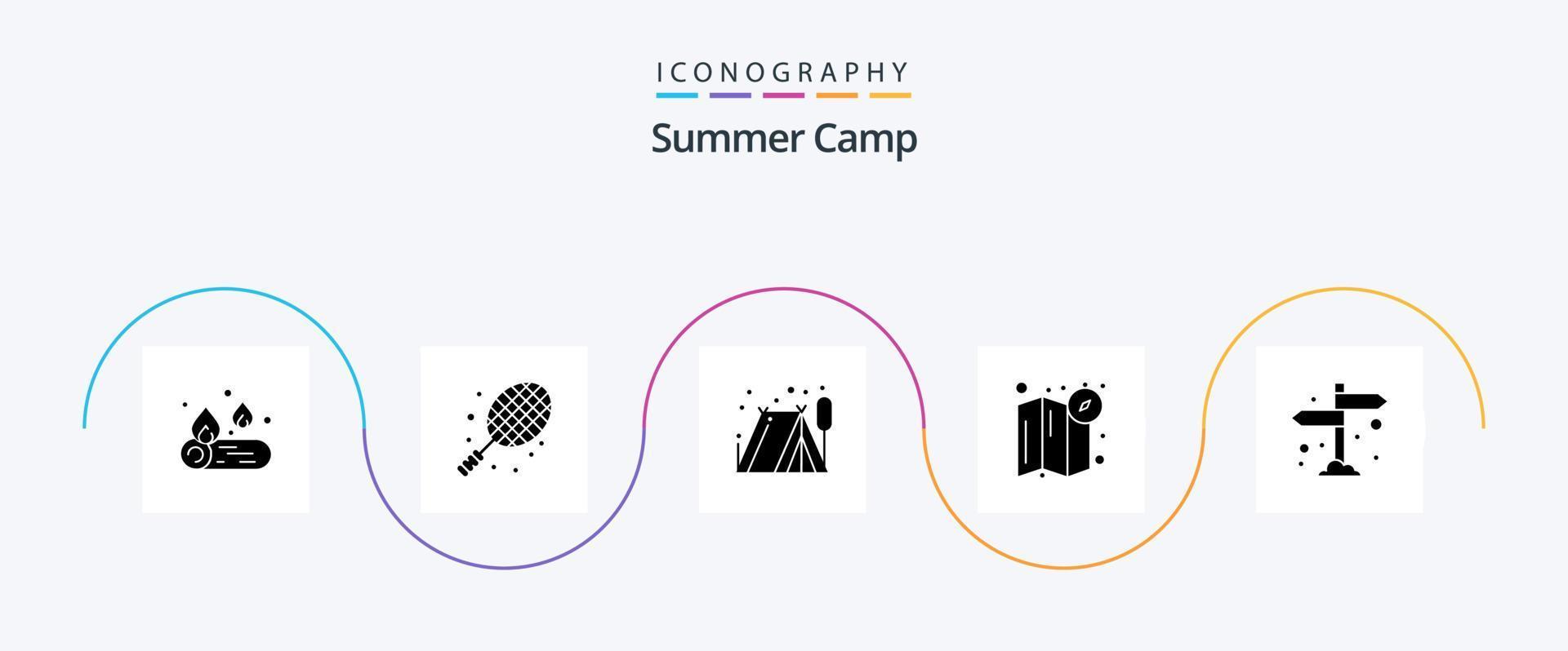 paquete de iconos de glifo 5 de campamento de verano que incluye. dirección. exterior. cámping. mapa vector