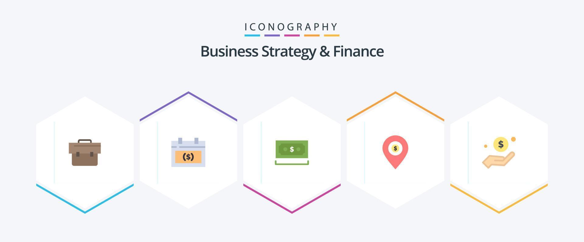 Business Strategy And Finance 25 Flat icon pack including dollar. map. date. location. currency vector