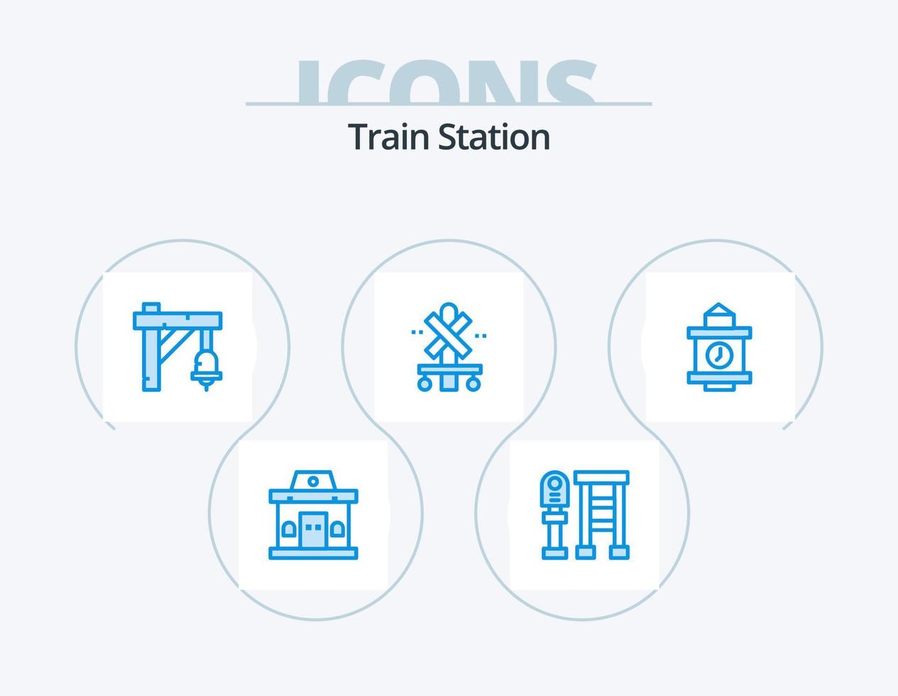 estación de tren icono azul paquete 5 diseño de iconos. hora. tren. campana. estación. cruzar vector