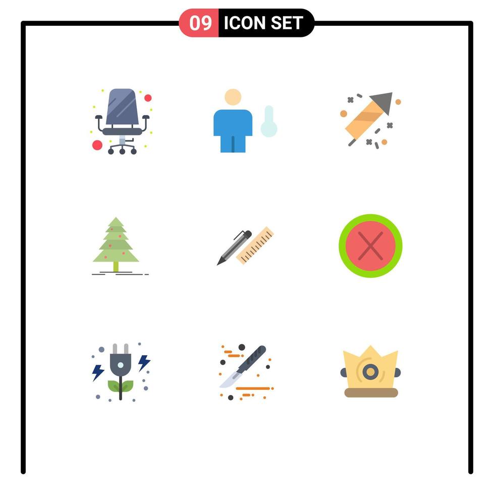 paquete de 9 signos y símbolos de colores planos modernos para medios de impresión web como elementos de diseño de vectores editables de árbol de navidad de escritorio x mas temperatura