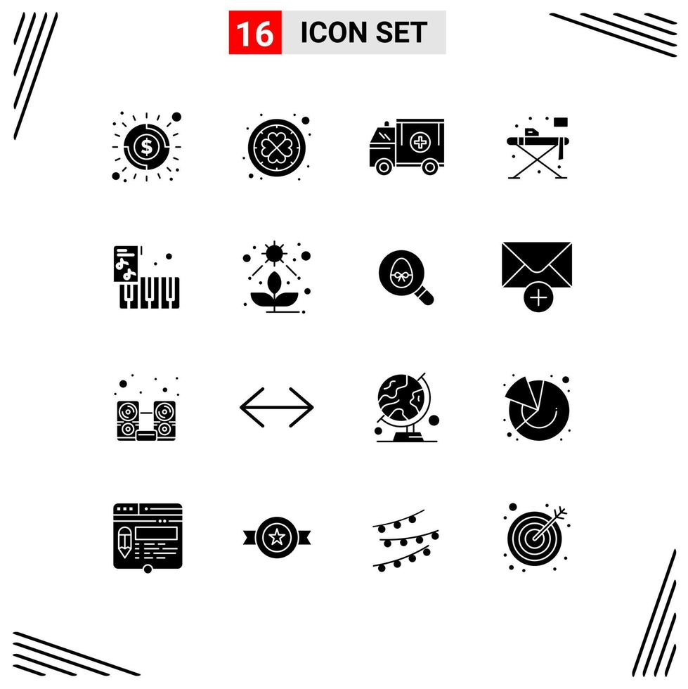 Group of 16 Modern Solid Glyphs Set for accordion iron ambulance living van Editable Vector Design Elements