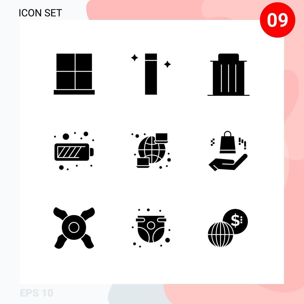 Modern Set of 9 Solid Glyphs and symbols such as global mobile delete charging trash Editable Vector Design Elements