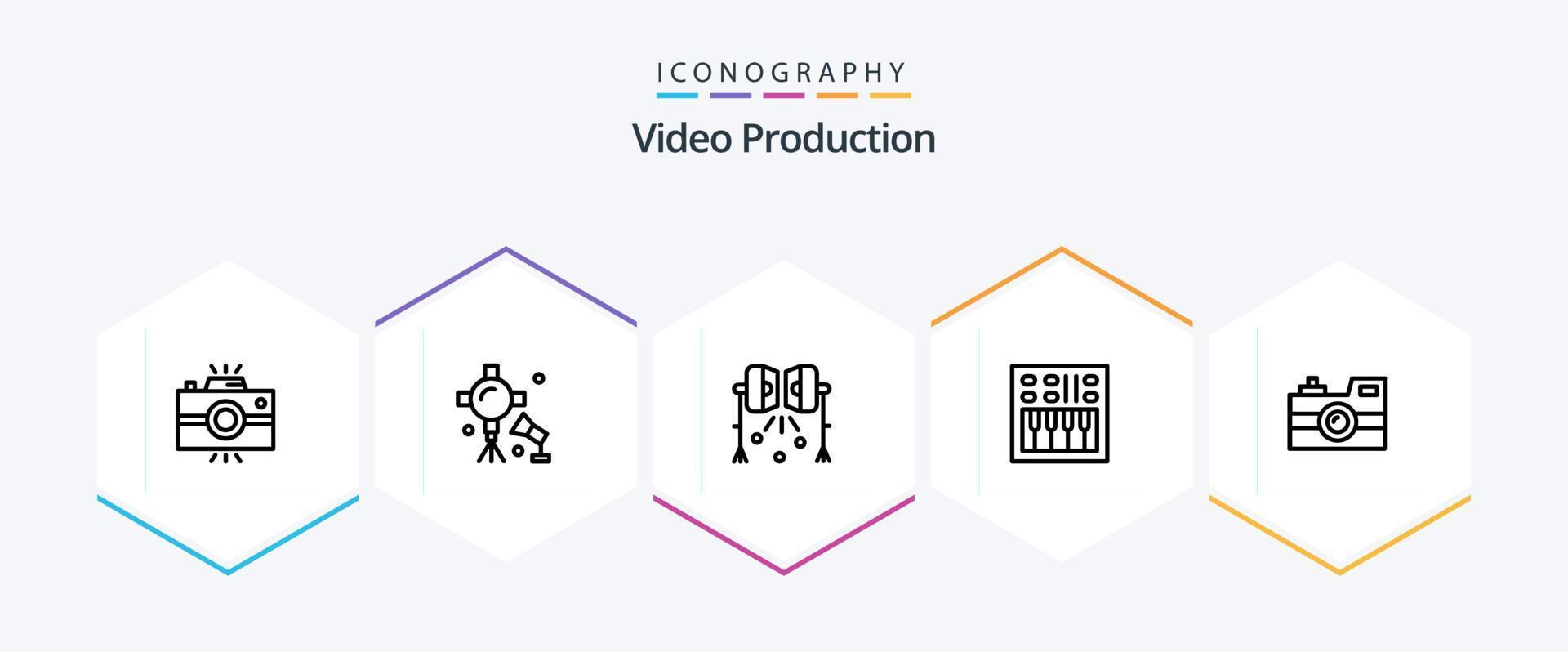 Video Production 25 Line icon pack including photography. antique camera. studio lightning. volume. open volume vector