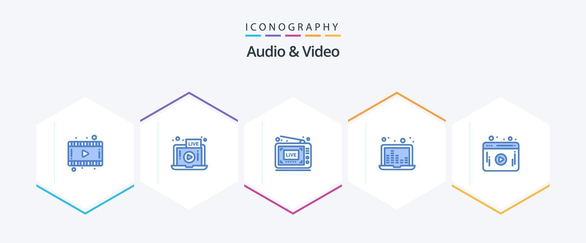 Audio And Video 25 Blue icon pack including player. video. live. sound waves. sound bars vector