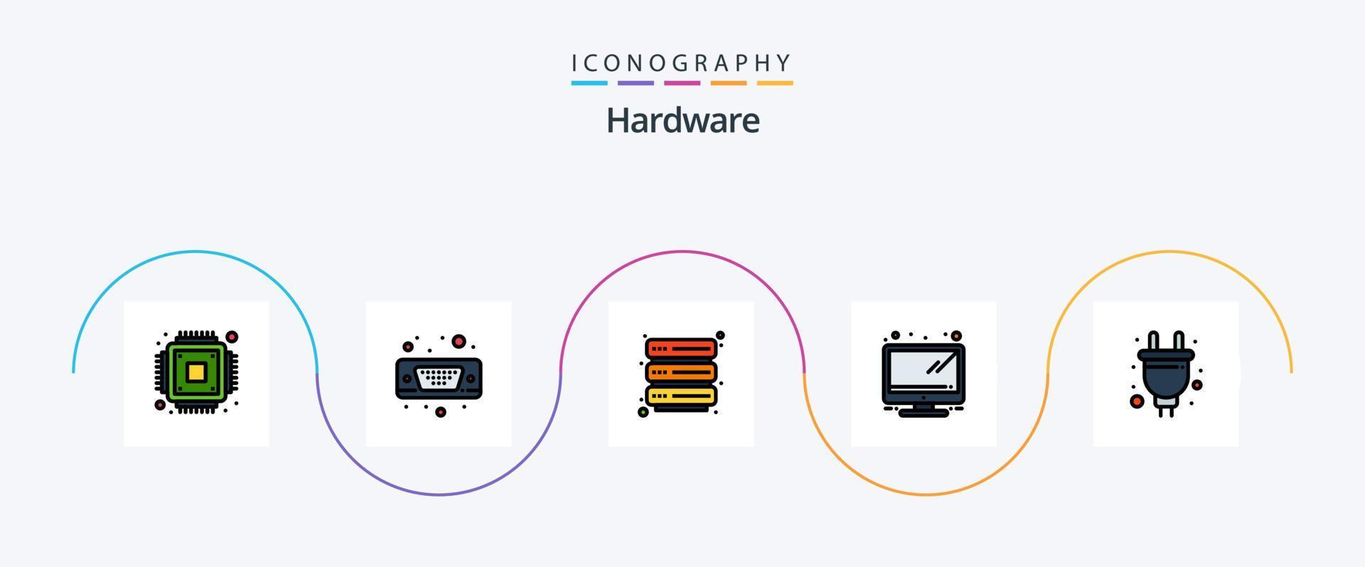 Hardware Line Filled Flat 5 Icon Pack Including . socket. server. plug. tv vector