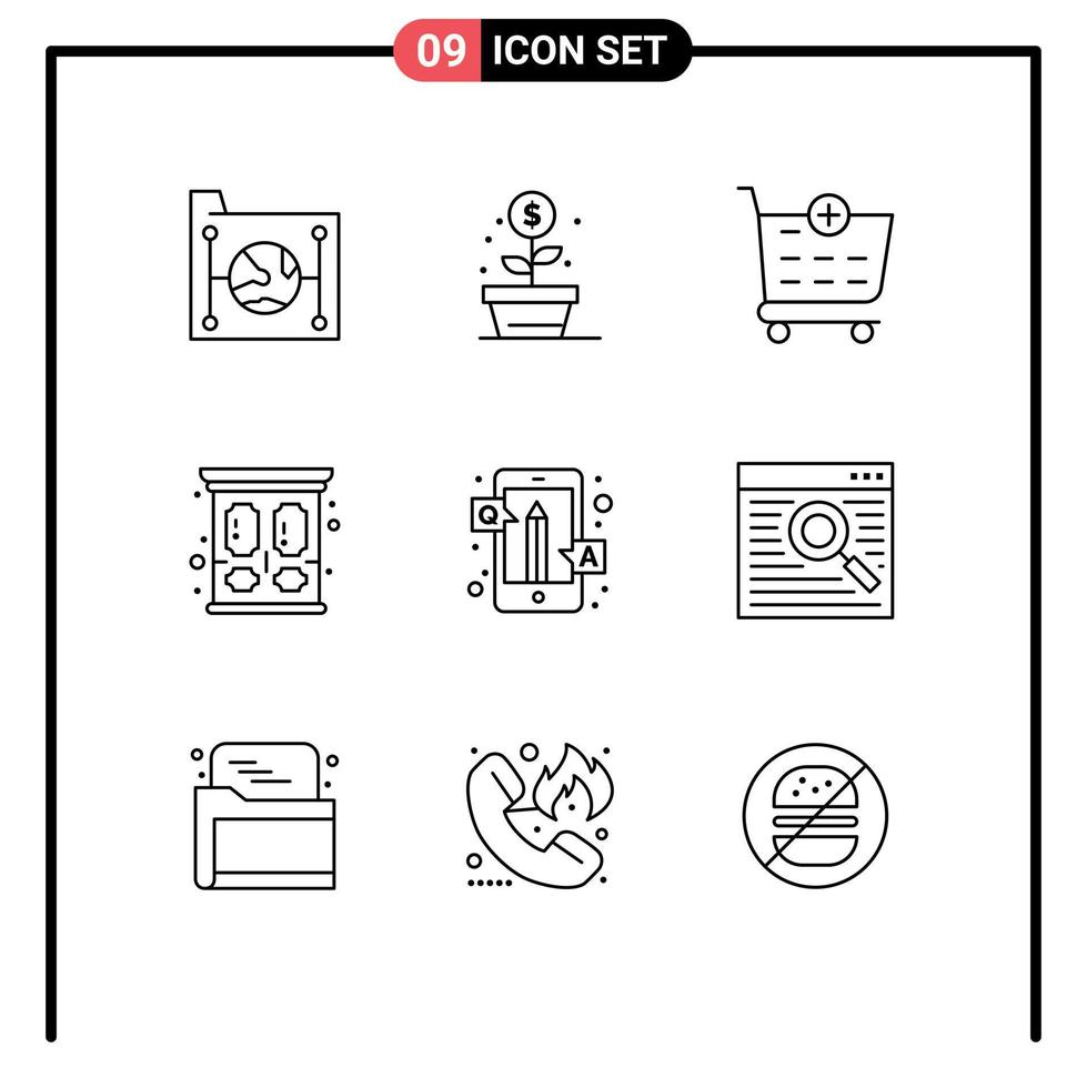 Editable Vector Line Pack of 9 Simple Outlines of education clothes money wardrobe household Editable Vector Design Elements