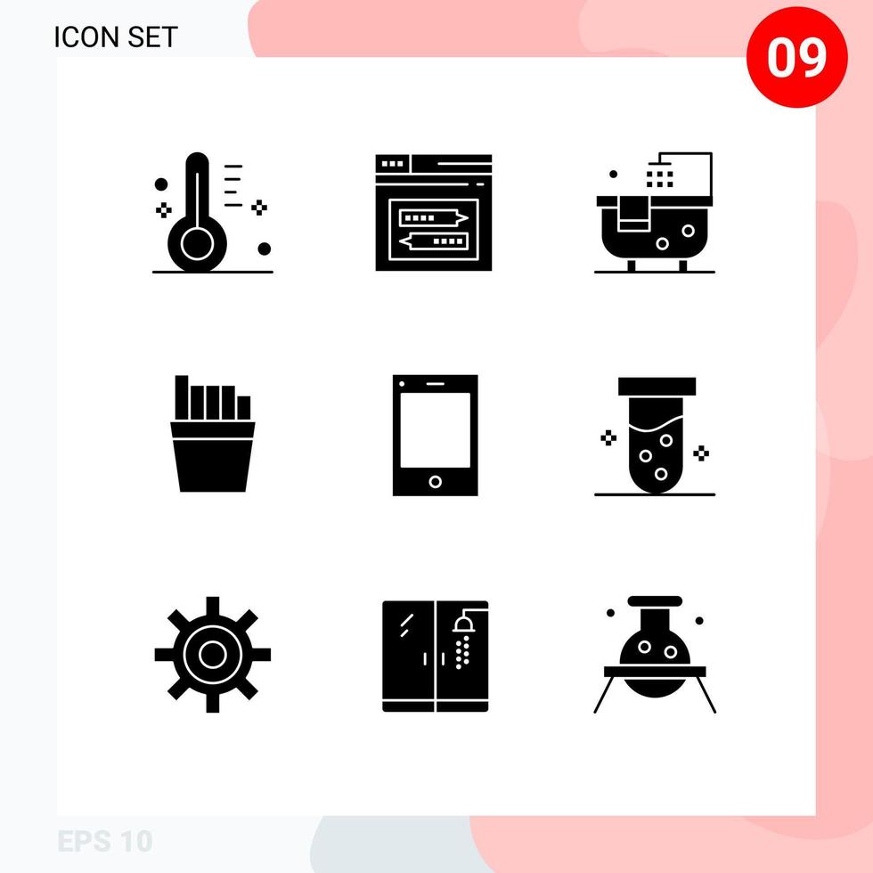 Universal Icon Symbols Group of 9 Modern Solid Glyphs of phone devices code fries shower Editable Vector Design Elements