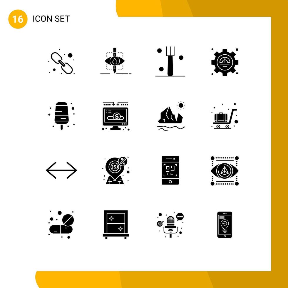 16 User Interface Solid Glyph Pack of modern Signs and Symbols of food productivity science performance efficiency Editable Vector Design Elements