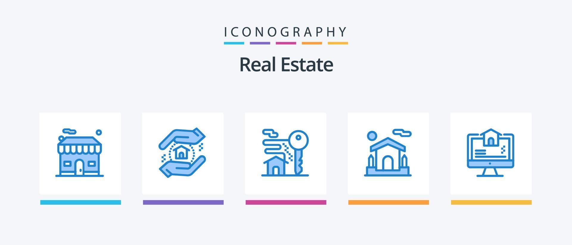 Real Estate Blue 5 Icon Pack Including estate. computer. key. estate. house. Creative Icons Design vector