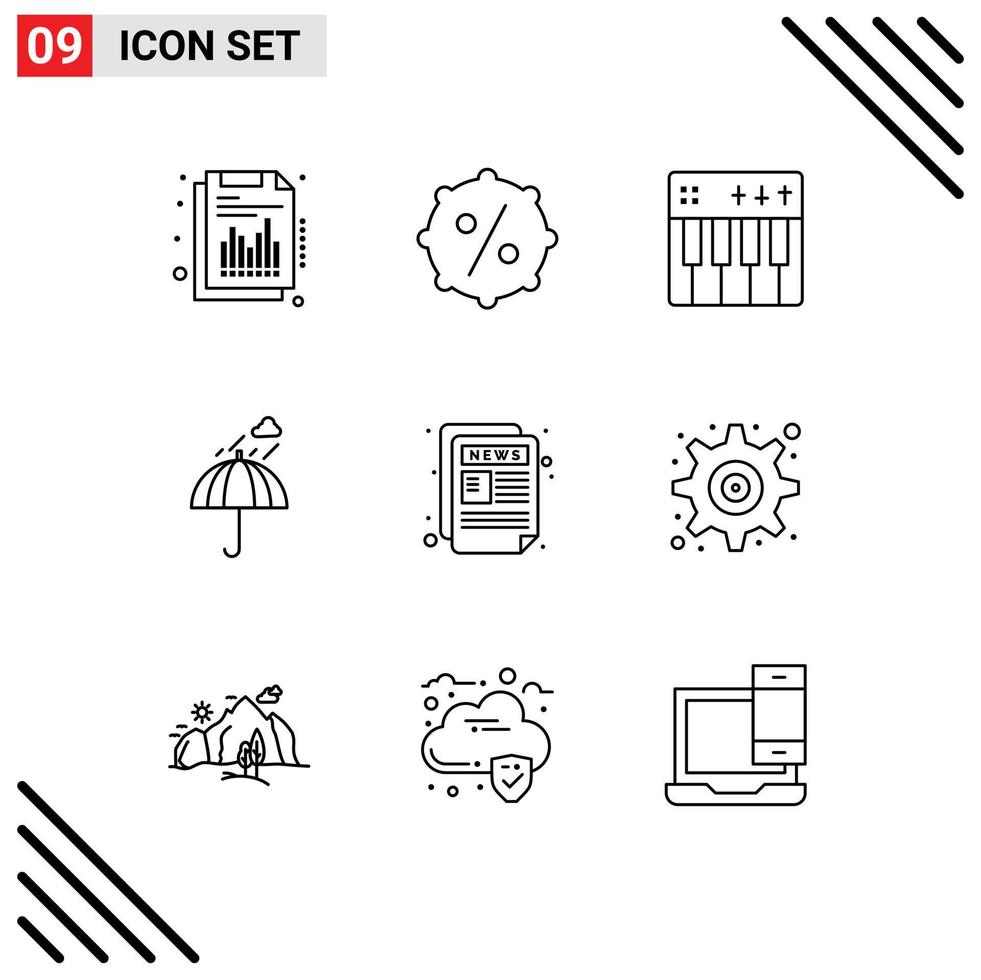 User Interface Pack of 9 Basic Outlines of news safety event rain umbrella Editable Vector Design Elements