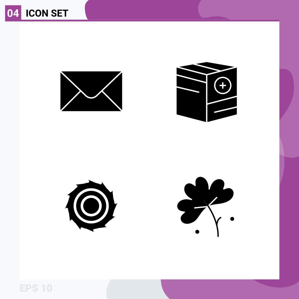 Mobile Interface Solid Glyph Set of 4 Pictograms of mail line blades box plus anemone flower Editable Vector Design Elements