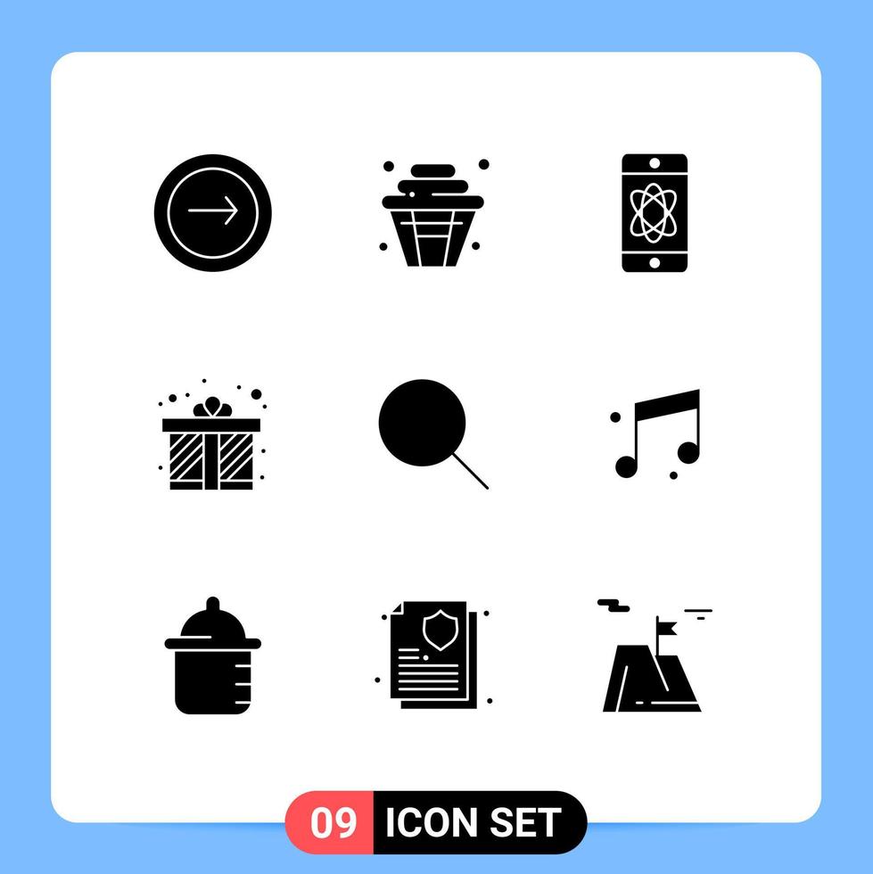 Group of 9 Solid Glyphs Signs and Symbols for search present party gift box tech Editable Vector Design Elements