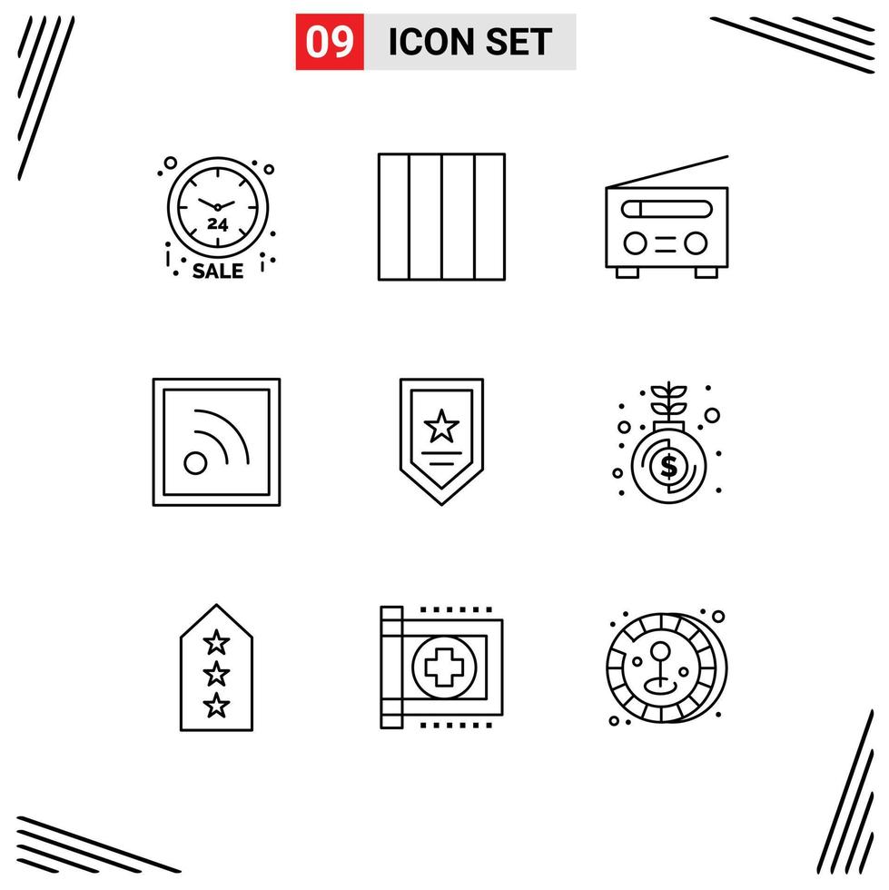 Pack of 9 creative Outlines of fund star radio prize rss Editable Vector Design Elements
