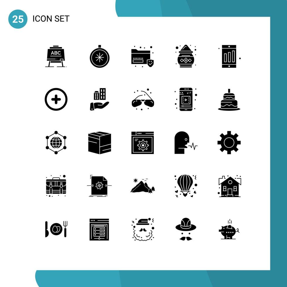 conjunto moderno de 25 pictogramas de glifos sólidos de elementos de diseño vectorial editables en color del pote de datos de polvo celular vector