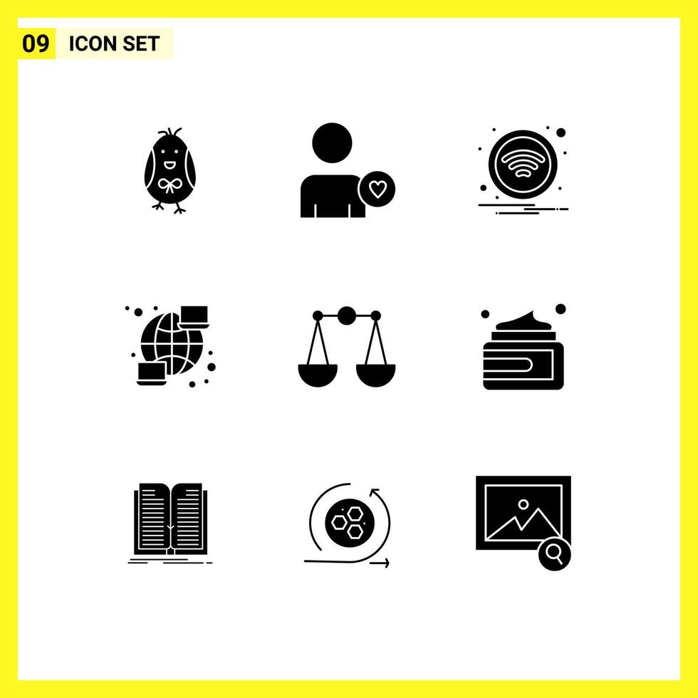 9 Solid Glyph concept for Websites Mobile and Apps scales balance wifi streamline computer Editable Vector Design Elements