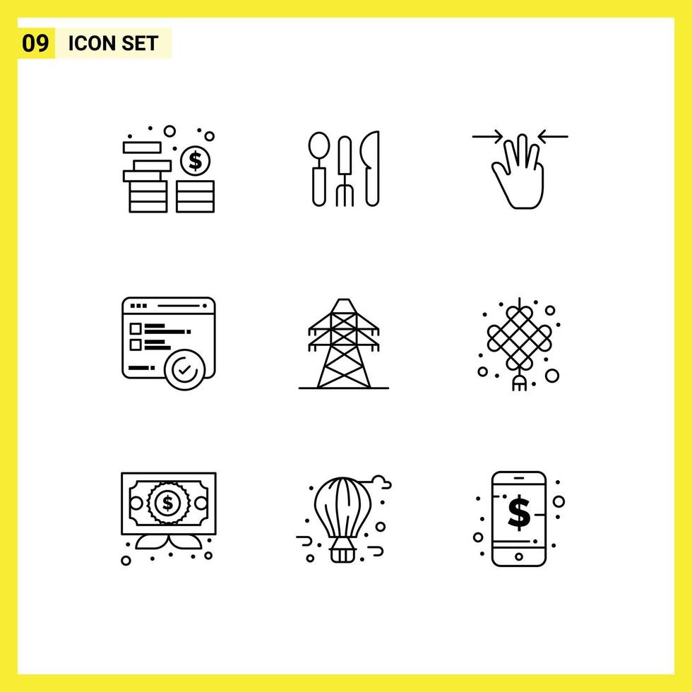 Stock Vector Icon Pack of 9 Line Signs and Symbols for energy web gestures testing development Editable Vector Design Elements