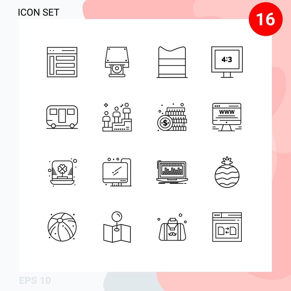 Group of 16 Outlines Signs and Symbols for trailer tv disk rom display web Editable Vector Design Elements