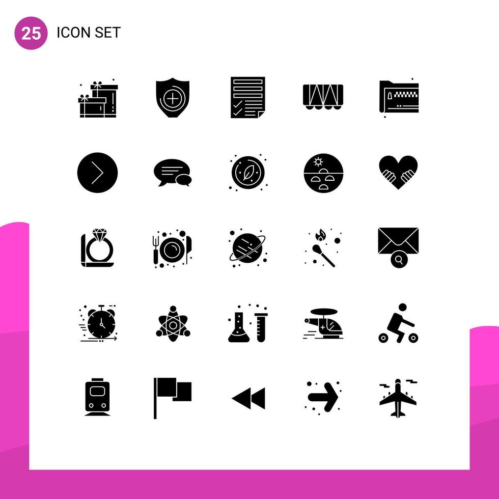 Pack of 25 Modern Solid Glyphs Signs and Symbols for Web Print Media such as documents share page folder vehicle Editable Vector Design Elements