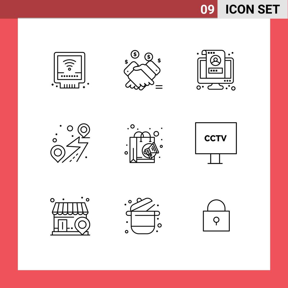 Mobile Interface Outline Set of 9 Pictograms of road pin selling location screen Editable Vector Design Elements