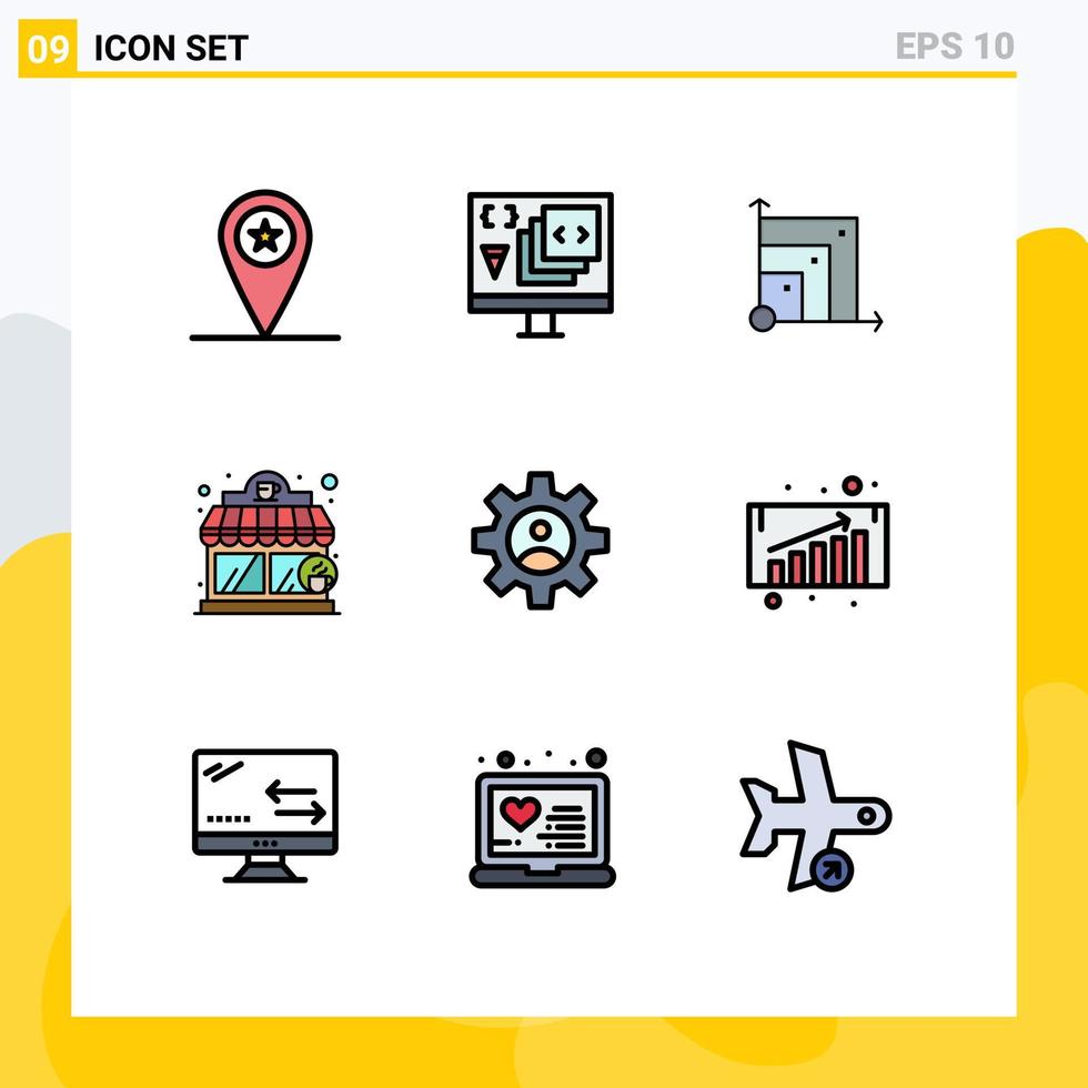 Group of 9 Modern Filledline Flat Colors Set for controls shop programming coffee shop scince Editable Vector Design Elements