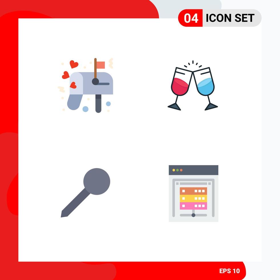 conjunto moderno de 4 iconos planos pictograma de caja mapa correo jugo marcador editable vector elementos de diseño