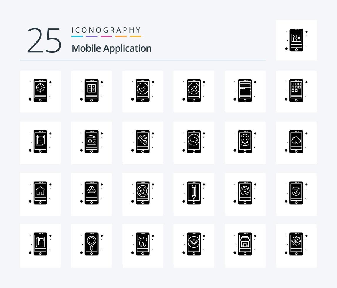 Mobile Application 25 Solid Glyph icon pack including card. app. app. delete. close vector