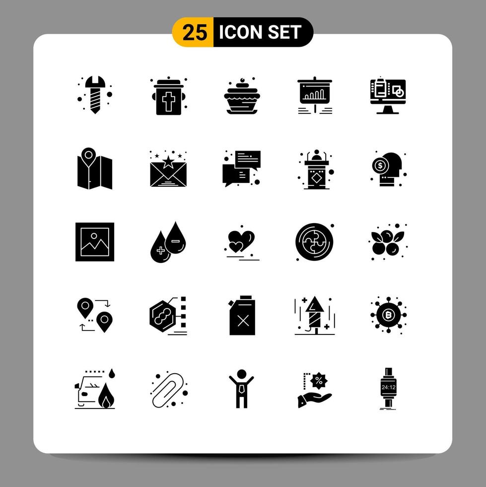 Universal Icon Symbols Group of 25 Modern Solid Glyphs of screen business birthday analytics board Editable Vector Design Elements