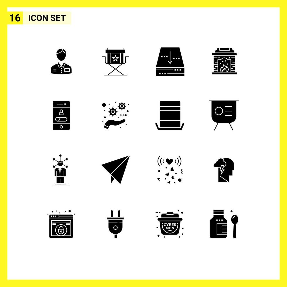 Pack of 16 Modern Solid Glyphs Signs and Symbols for Web Print Media such as calling fire place star chimney document Editable Vector Design Elements
