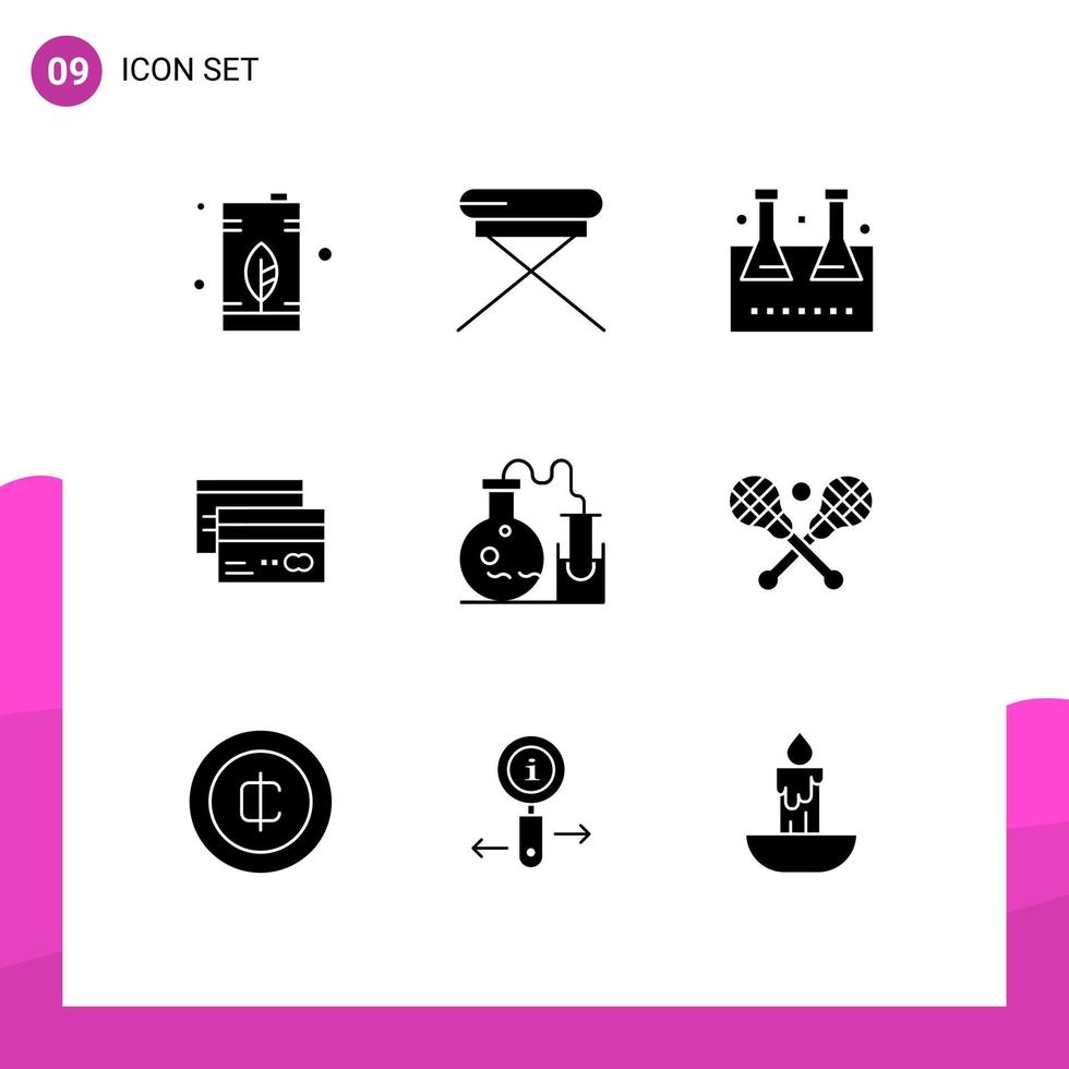 Set of 9 Vector Solid Glyphs on Grid for cards banking seat creditcard lab glassware Editable Vector Design Elements