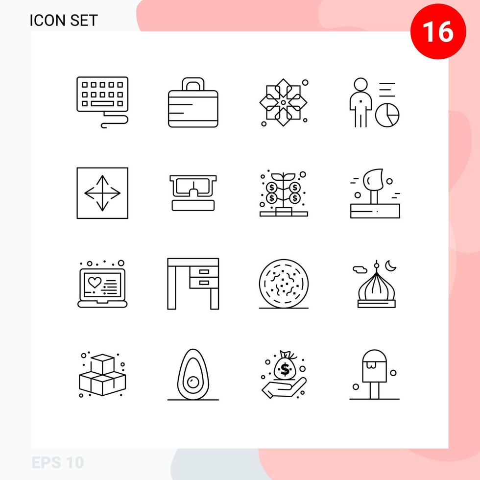 Mobile Interface Outline Set of 16 Pictograms of arrow angular fabric person efficiency Editable Vector Design Elements