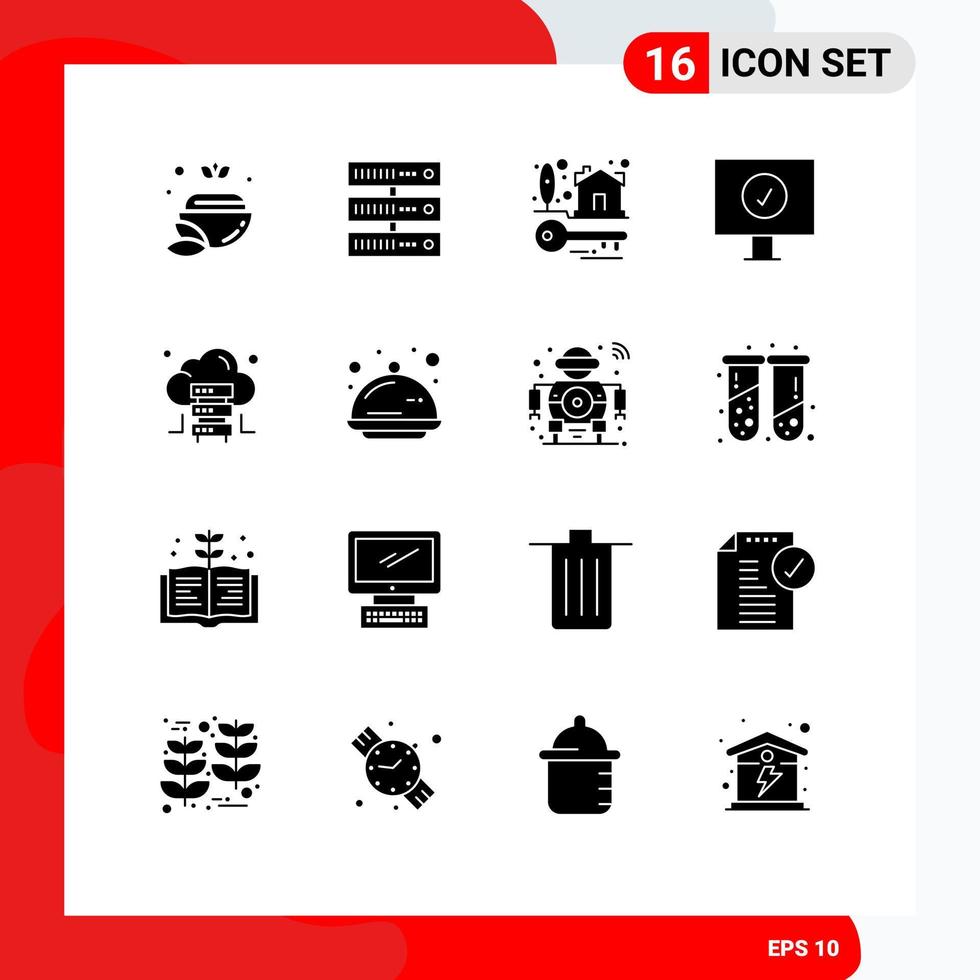 Set of 16 Commercial Solid Glyphs pack for server cloud house keys protection antivirus Editable Vector Design Elements