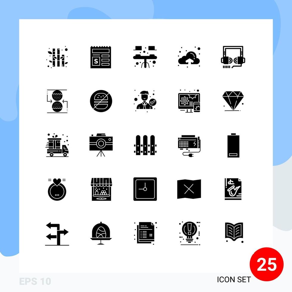 Modern Set of 25 Solid Glyphs Pictograph of web optimization dining headphone up Editable Vector Design Elements