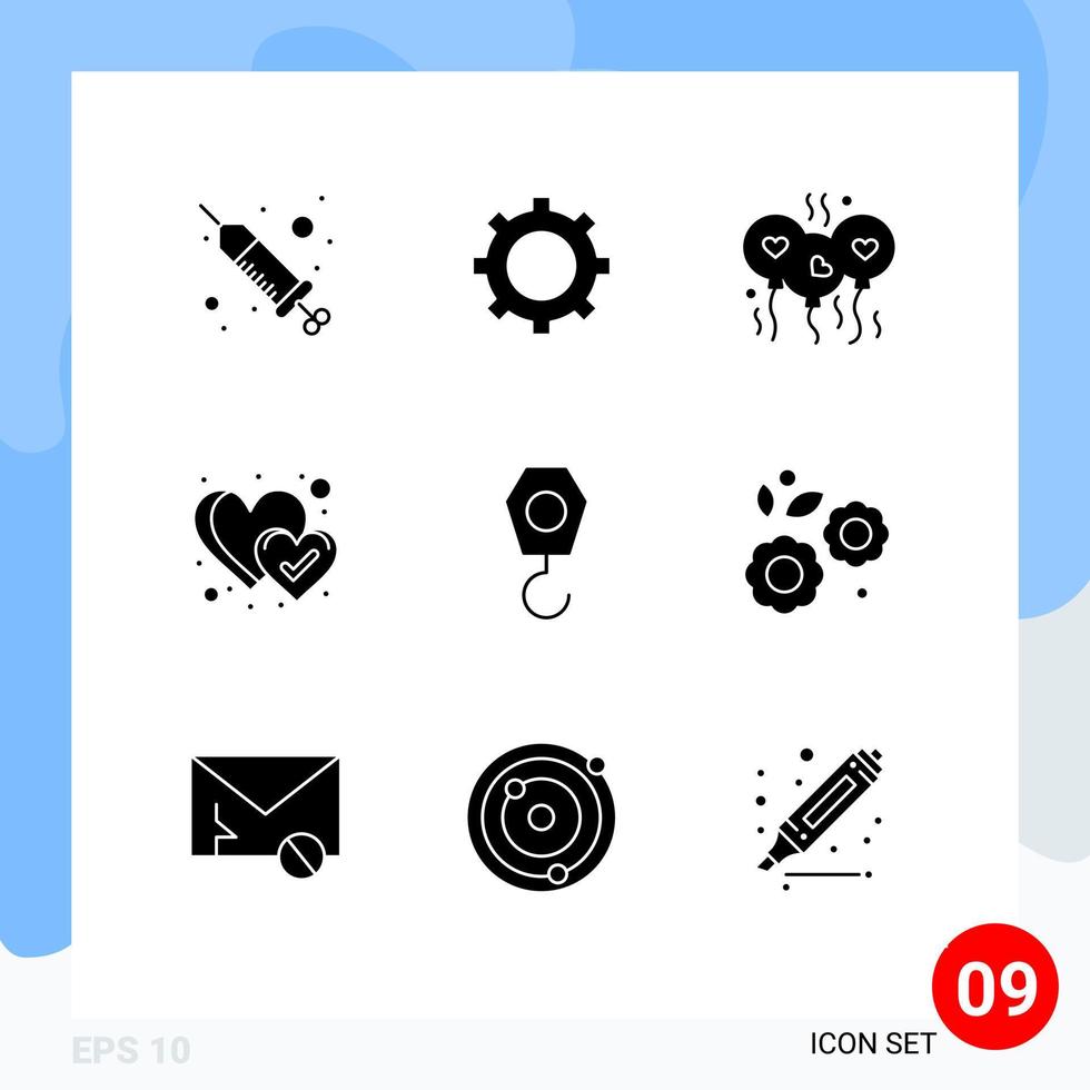 9 User Interface Solid Glyph Pack of modern Signs and Symbols of flower crane love construction heart Editable Vector Design Elements