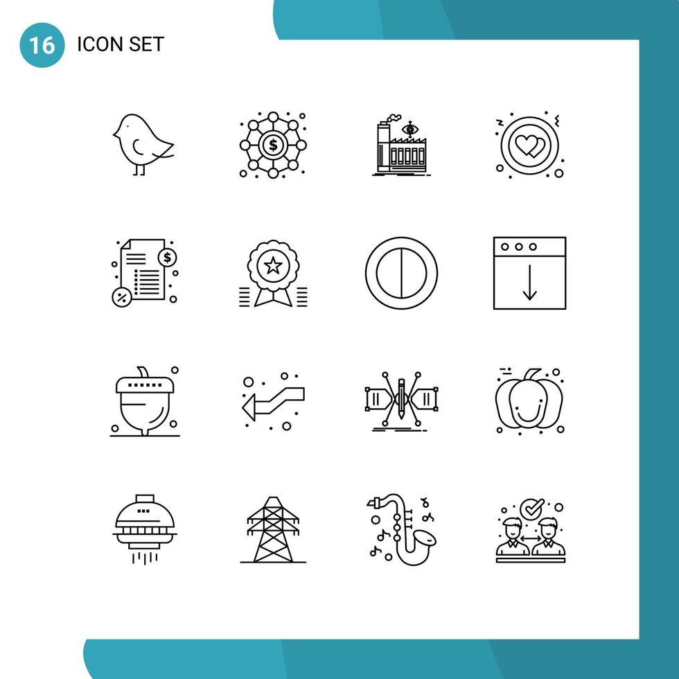 Group of 16 Outlines Signs and Symbols for achievement money factory loan heart Editable Vector Design Elements