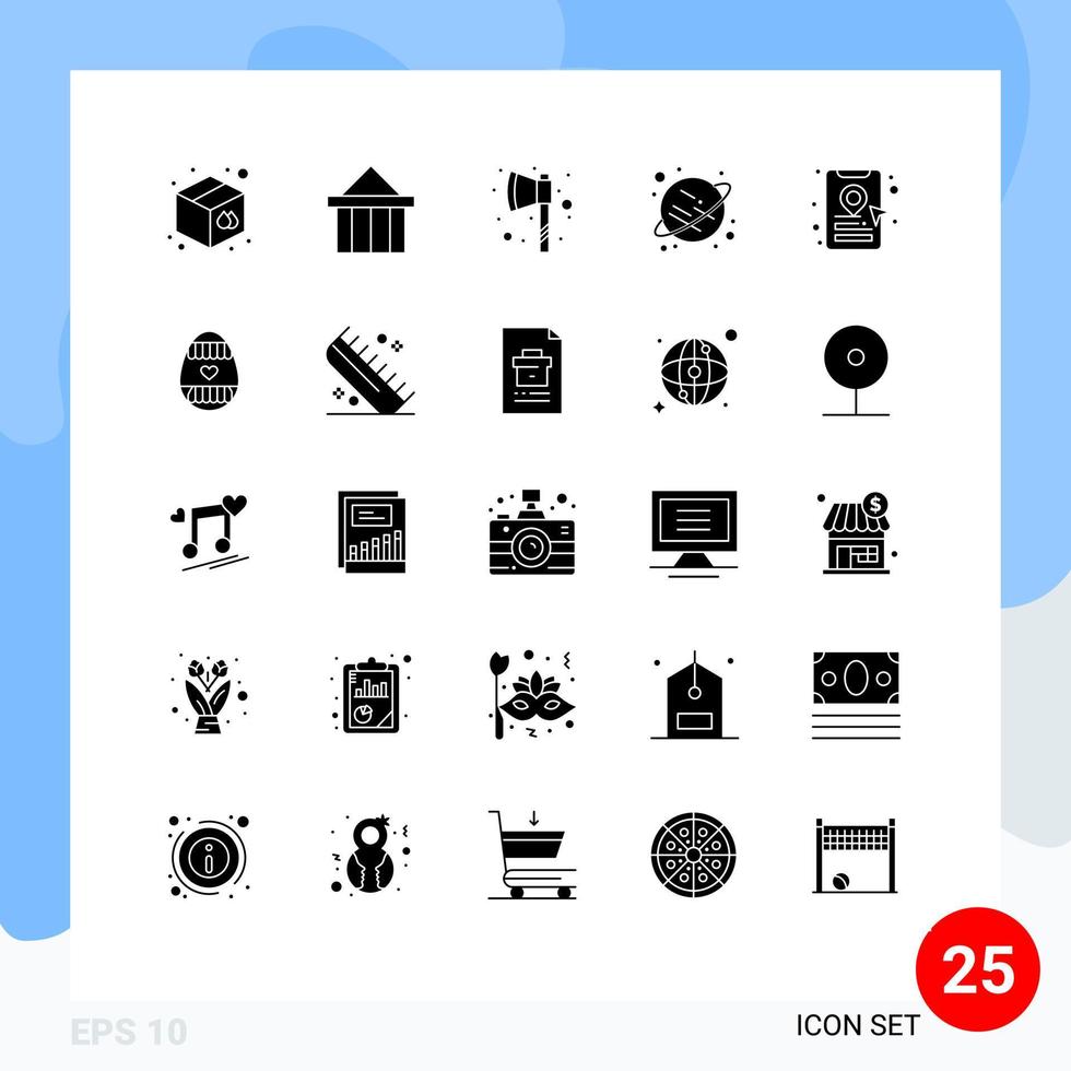 Group of 25 Solid Glyphs Signs and Symbols for location pin book cab greece space planet Editable Vector Design Elements