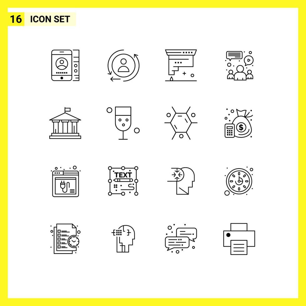 User Interface Pack of 16 Basic Outlines of flag team coding meeting chat Editable Vector Design Elements