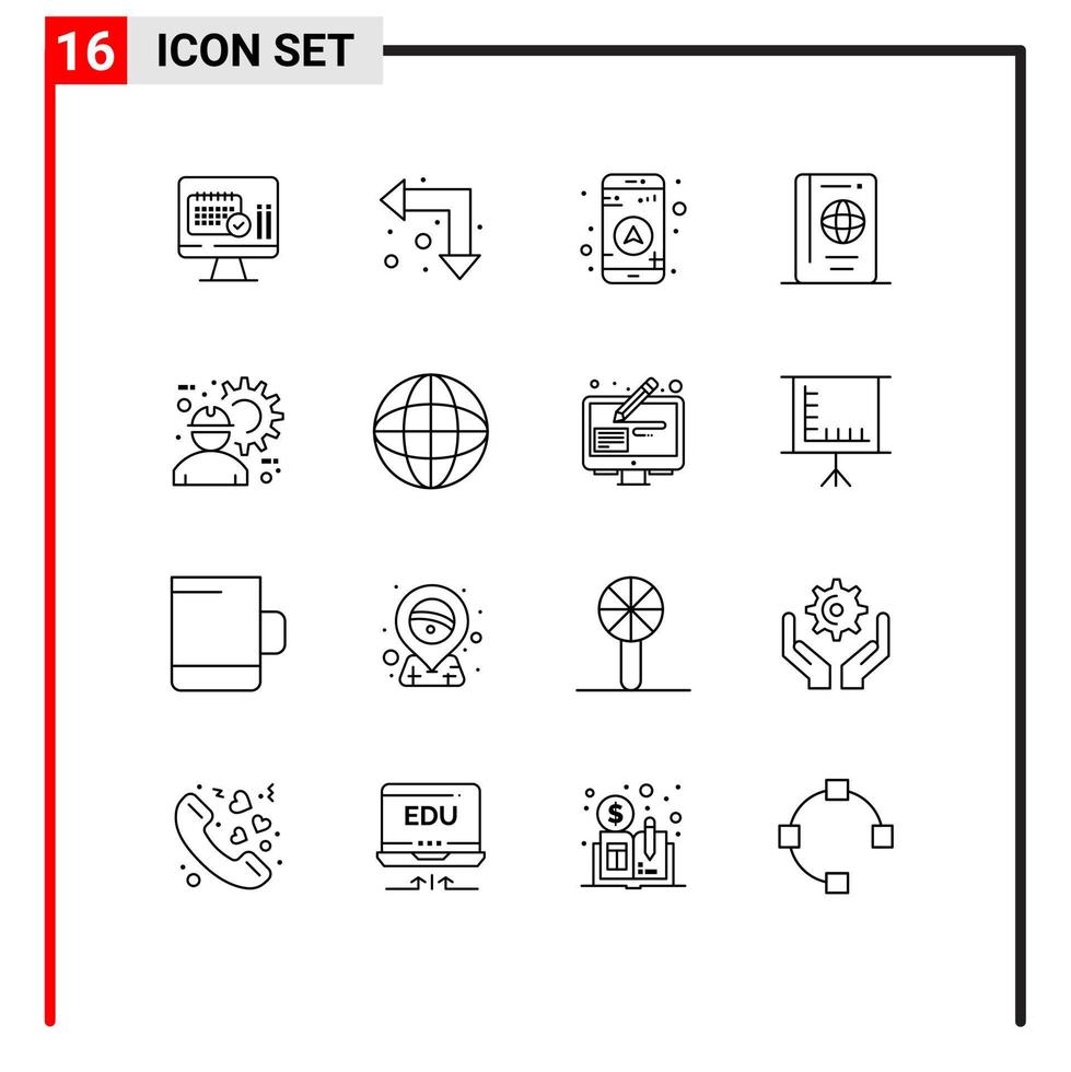 16 Universal Outline Signs Symbols of construction worker travel gps tourist passport Editable Vector Design Elements