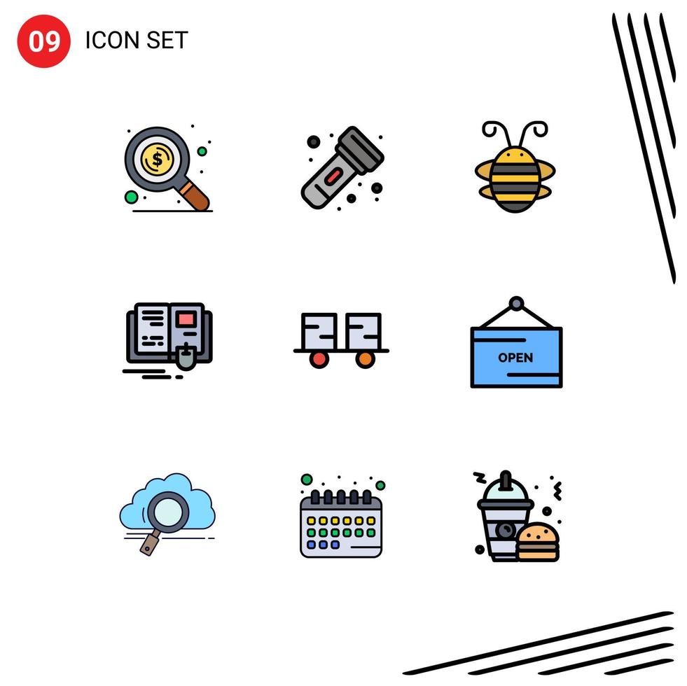 grupo de símbolos de iconos universales de 9 colores planos de línea de relleno modernos de elementos de diseño de vectores editables del libro de conocimiento del escarabajo del ratón de la carretilla elevadora