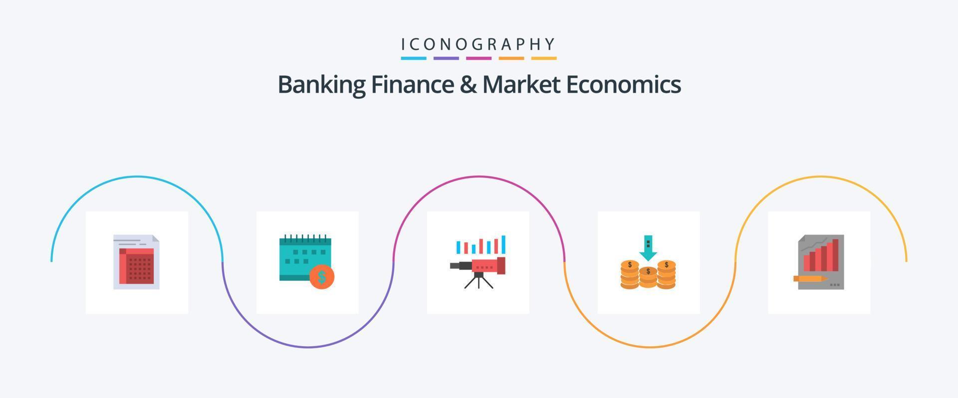 Banking Finance And Market Economics Flat 5 Icon Pack Including forecasting. business. calendar. telescope. time vector