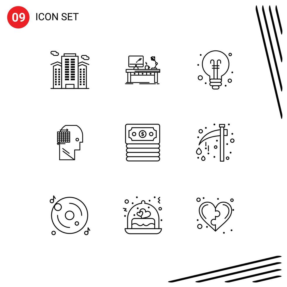 Mobile Interface Outline Set of 9 Pictograms of think back to school desk education bulb Editable Vector Design Elements