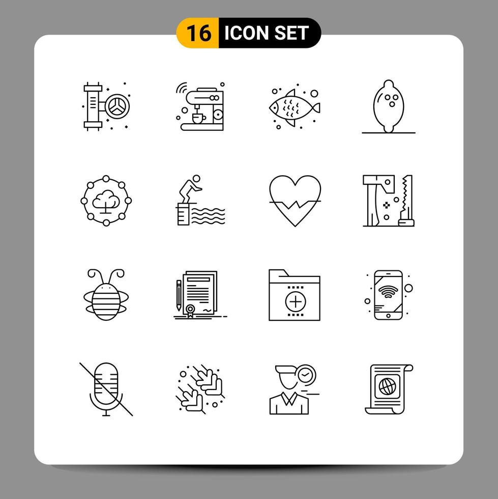 Mobile Interface Outline Set of 16 Pictograms of share cloud computing wifi lemon food Editable Vector Design Elements