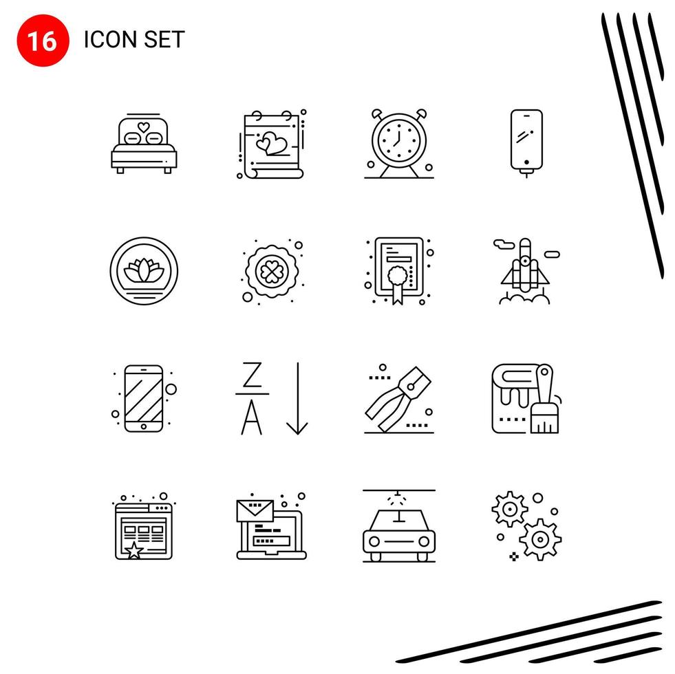 Universal Icon Symbols Group of 16 Modern Outlines of battery mobile alarm smart phone timer Editable Vector Design Elements
