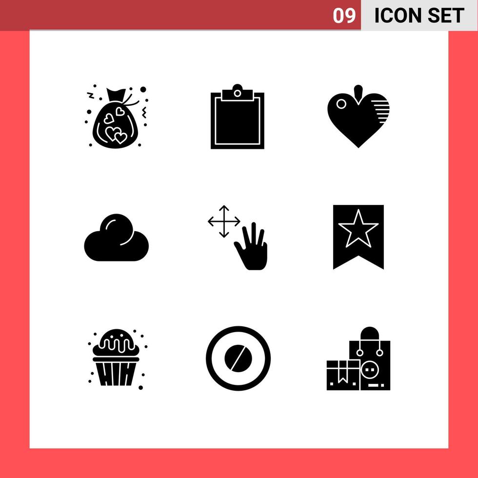 User Interface Pack of 9 Basic Solid Glyphs of bookmark gestures heart finger overcast Editable Vector Design Elements